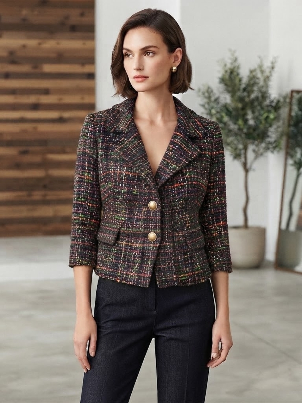 Ann Taylor -LOFT Multicolor Tweed Cropped Blazer with Gold Buttons Size 4